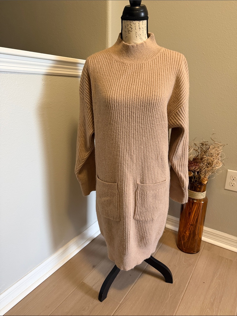 Vine & Love Beige Ribbed Turtleneck Sweater Dress
